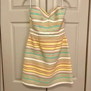 Striped Strapless Summer Dress in Yellow, Teal & White
